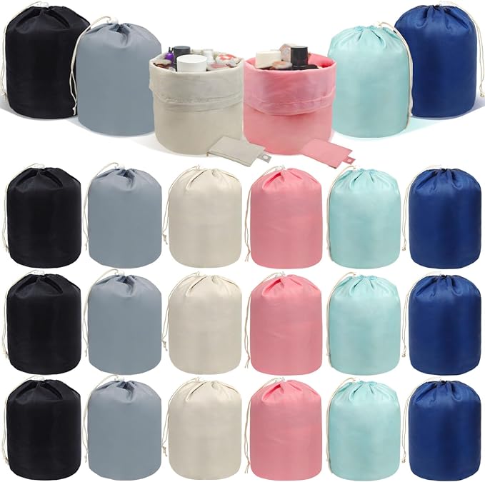 INVODA Drawstring Makeup Bag for Women 24PCS Cosmetic Bag Large Travel Make up Bags Portable Barrel Toiletry Bag Toiletries Pouch Travel Cosmetic Organizer (24PCS) by INVODA