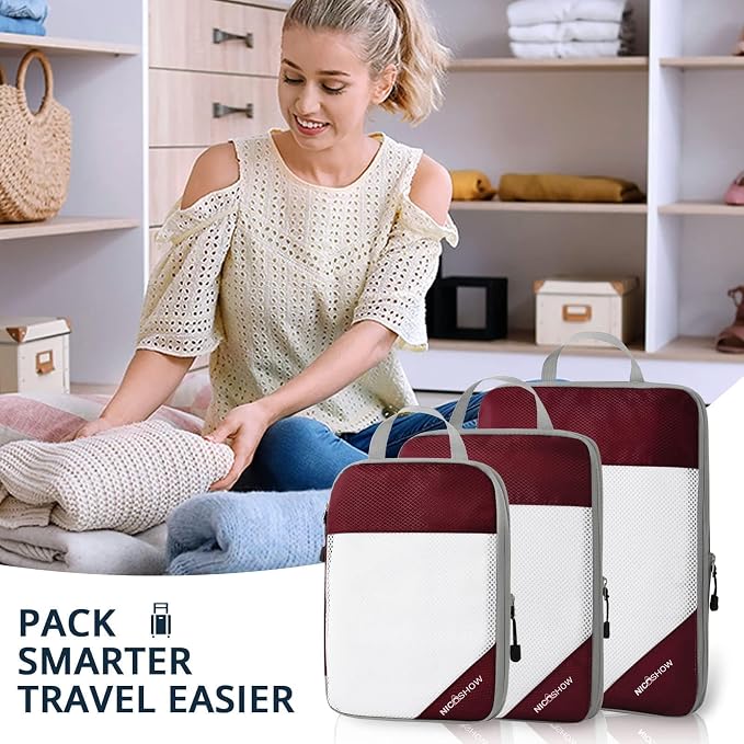 NICOSHOW 3 Set Compression Packing Cubes for Travel - Compressible, Lightweight, and Space-Saving Packing Cubes, Travel Essentials for Women, Wine - Image 7