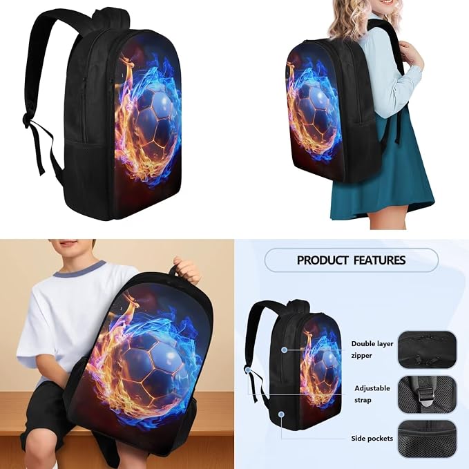4 in 1 School Bags Kids Backpack Set with Insulated Lunch Box Bag Pencil Pouch Water Bottle Bag Preschool Primary Middle School School Supplies Kit for Sports Hiking, Football Flame Print - Image 3