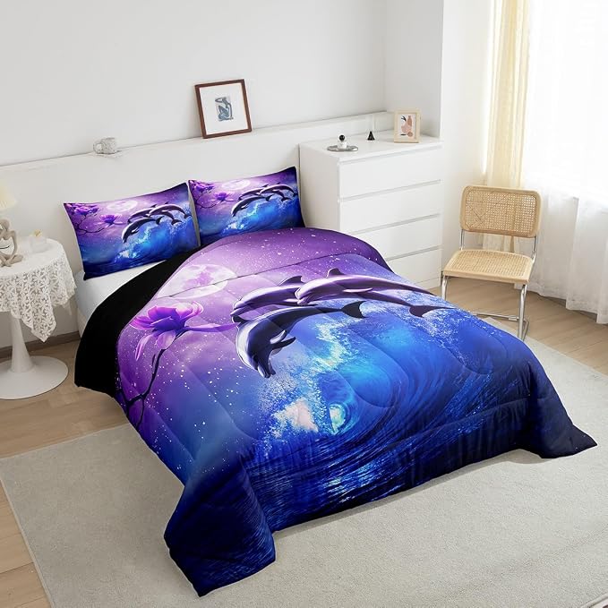 Erosebridal Galaxy Dolphin Comforter Set Full,Coastal Ocean Waves Comforter Sky Starry Moon Stars Cherry Blossoms Bedding Set for Girls Teen yough Women Sea Animal Quilted Duvet Purple Blue 3 Pcs - Image 3