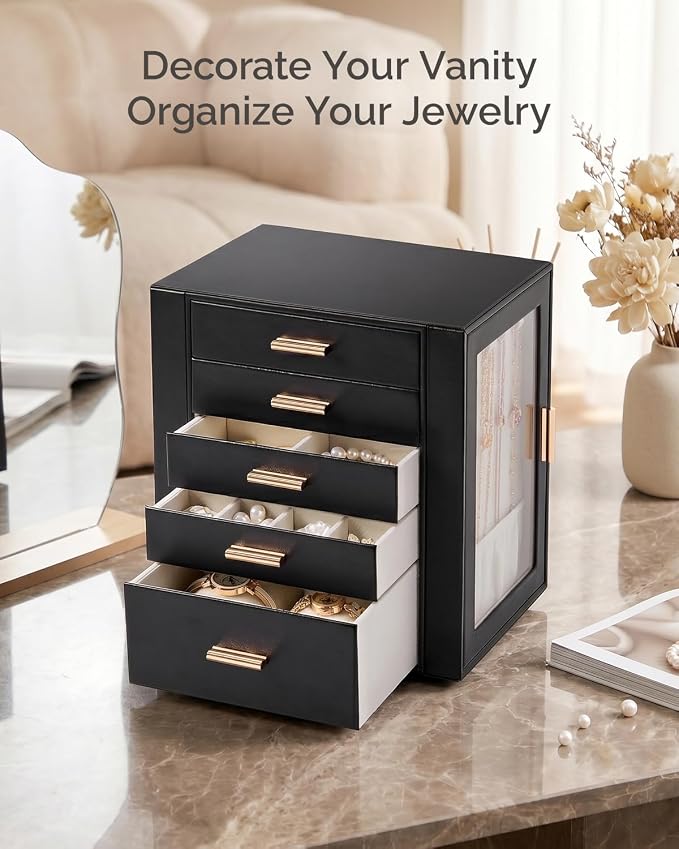 CASEGRACE 360° Rotating Jewelry Box Organizer, Jewelry Storage with 5 Drawers, Clear Window, Jewelry Display Case for Bracelets, Necklaces, Earrings, Rings, Black - Image 6