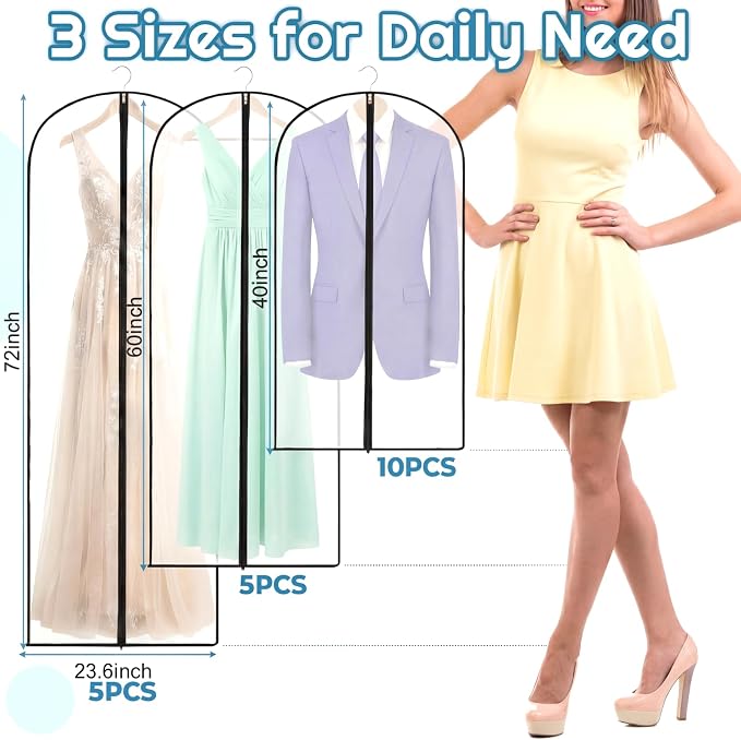 Amylove 20 Pcs 24 x 40/60/72 Inch Garment Bags Bulk Hanging Clothes Storage Covers for Closet Organization Dustproof Transparent Dress Suit Bag Set for Wedding Dresses Long Gowns Coats - Image 2