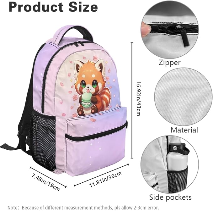 4-Piece Red Panda Girls School Backpack Set Cherry Blossom Bookbag with Insulated Lunch Bag and Pencil Case & Dinosaur Charm, Water Resistant Back to School Supplies - Image 4