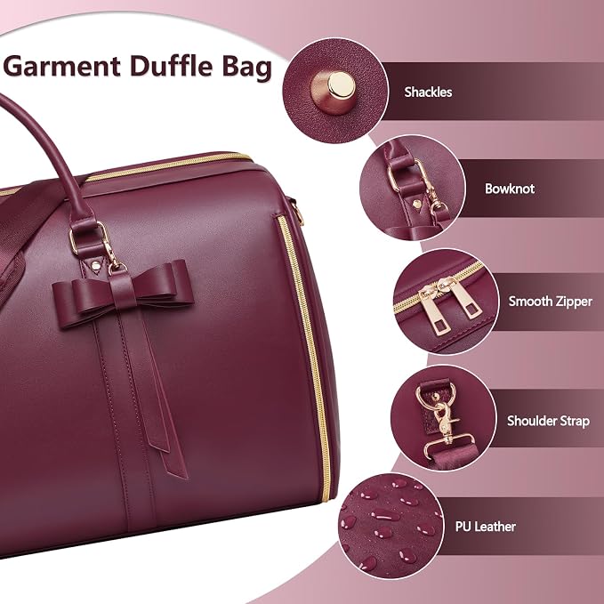 Garment Bags for Travel, Convertible Suit Travel Bag for Women, Cute Carry On Garment Bag w/Shoes Pouch, 2 in 1 Foldable PU Leather Hanging Duffle Bag, Single-Zipper Design, Sangria - Image 5