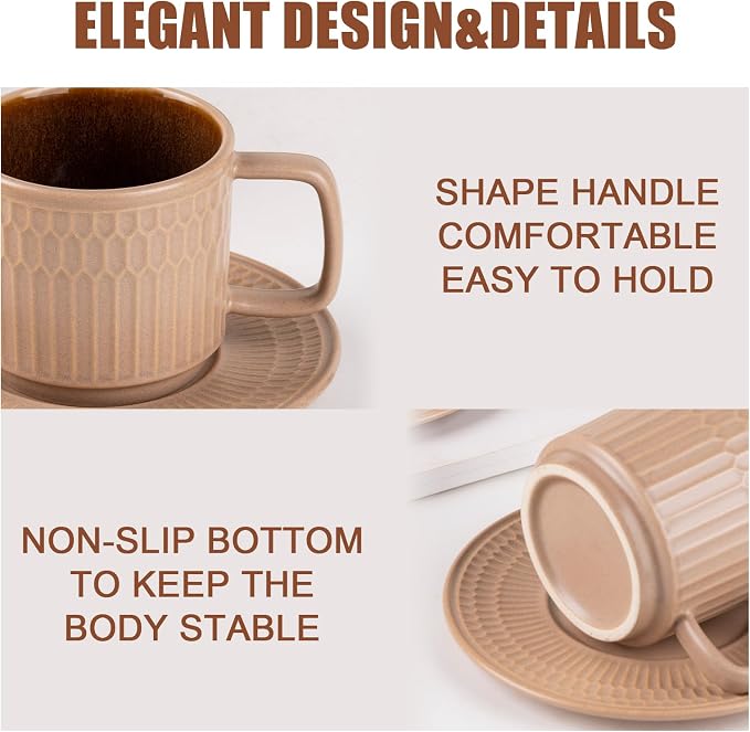 8oz Cappuccino Cups with Saucers Set of 4, 8 Ounce Stackable Embossed Ceramic Coffee Mugs for Specialty Coffee Drinks, Latte Mugs, Cafe Mocha and Tea, Dishwasher & Microwave Safe (Brown) - Image 4