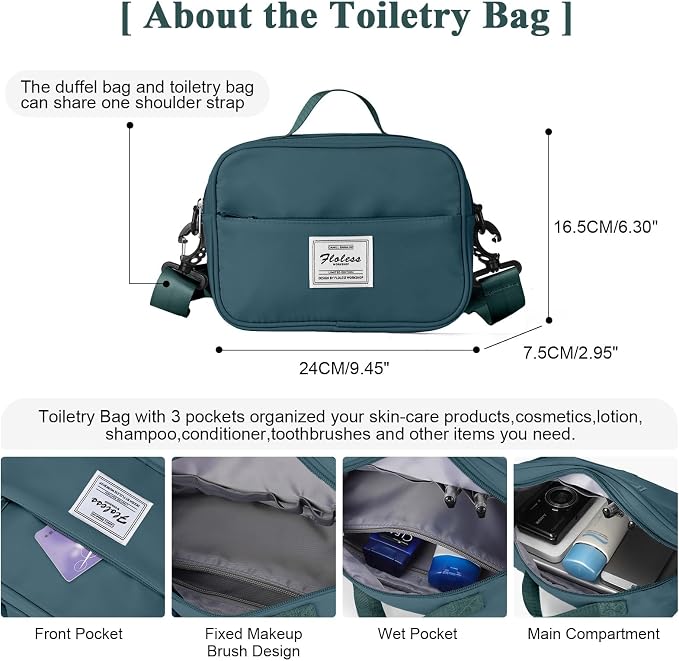 HYC00 Travel Duffel Bags for Women,Weekender Overnight Bag with Wet Pocket & Toiletry Bag,Carry On Personal Item Bag,Travel Tote Gym Bag,Peacock Blue,Large - Image 3