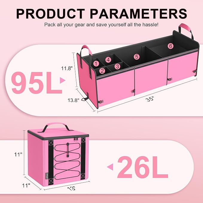 SugarFox Bold Color Block Trunk Organizer | 95L, 35"x13.8"x11.8" | Dedicated Shoe Storage & 26L Ice Pack | Foldable for SUV/Car/Jeep | Stylish Gift & Car Accessories for Men & Women - Pink-X212 - Image 6