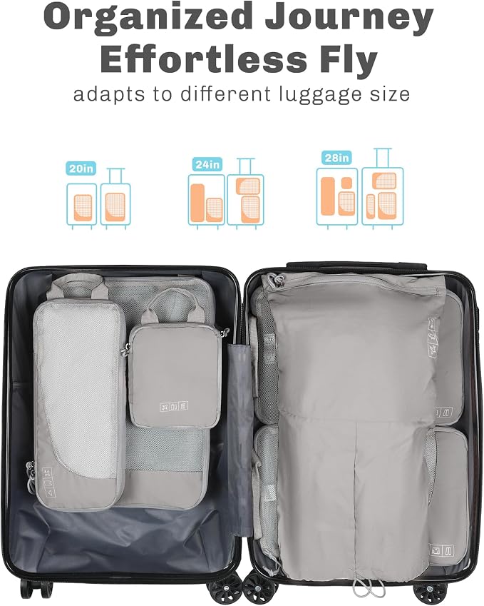 Hynes Eagle 6 Set/ 4 Set/ 2 Set Compression Packing Cubes Travel Essentials Lightweight Nylon Luggage Suitcase Organizer Bag Light Grey 6PCS - Image 3