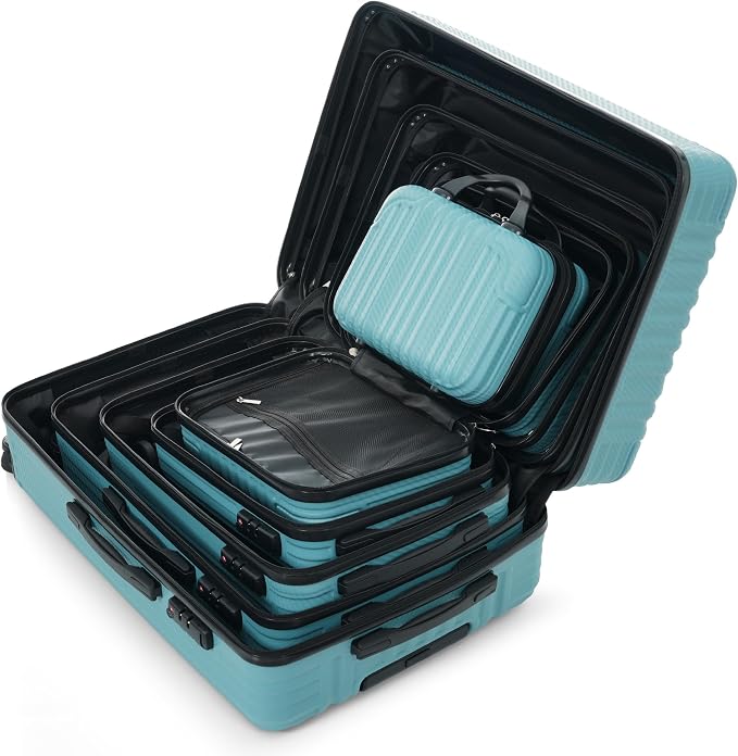 Ice Blue 6 Piece Luggage Set Hard Shell - Lightweight Checked Suitcases with Spinner Wheels and Cosmetic Cases for Family Travel, Durable Carry On Luggage Sets with Lock for Women and Men - Image 7