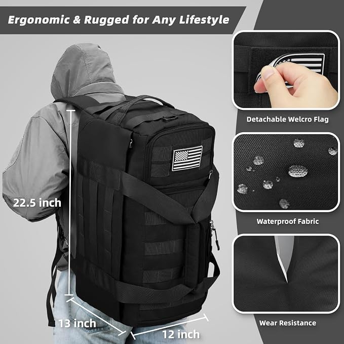 ZOMFELT Tactical Gym Bags for Men, Travel Duffle Bag with Removable Dividers & Innovative Shoe Compartment, 3-in-1 Waterproof MOLLE Gym Duffel Backpack, Airplane Carry-On Approved, Black - Image 5