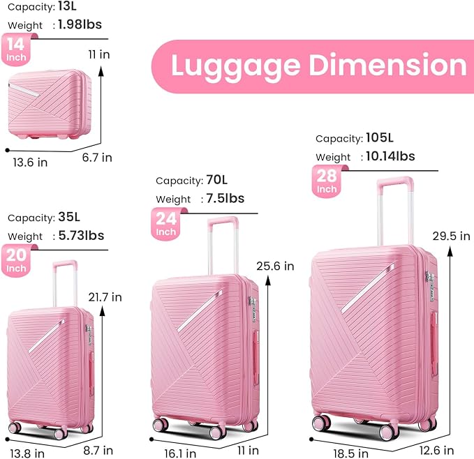 Merax Luggage 4 Piece Set Hardside Expandable Suitcase Set with Case,Travel Luggagewith Spinner Wheels,Airplane Approved Carry On Luggage Sets,Pink1,14/20/24/28 - Image 2