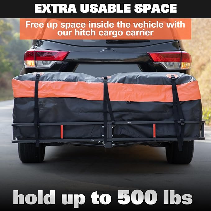 WEIZE Folding Hitch Mount Cargo Carrier Basket 60" X 20" X 6"+ Waterproof Cargo Bag, Hauling Weight Capacity of 500 Lbs and A Folding Arm, with Hitch Stabilizer, Net and Straps - Image 7