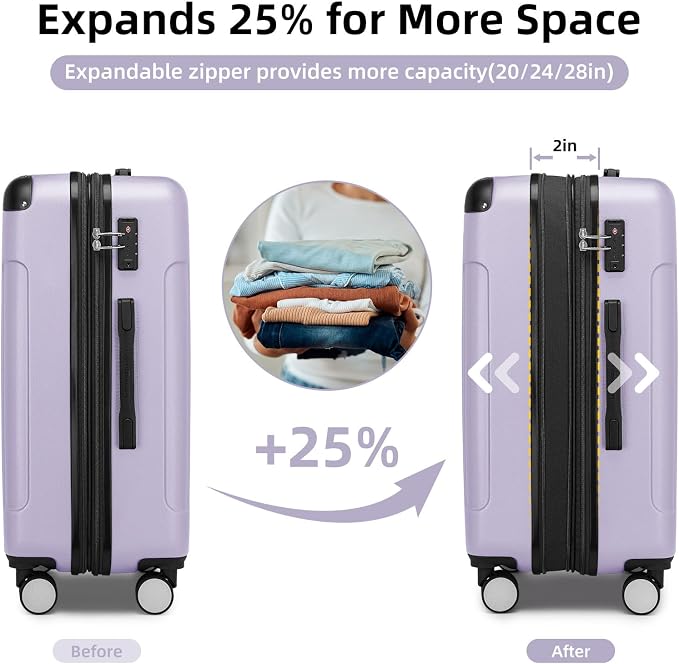 6 Piece Luggage Set Hard Shell - Lavender Expandable Suitcases with Spinner Wheels and Duffel Bags for Family Travel, Durable Carry On Luggage Sets with Lock for Women and Men - Image 5