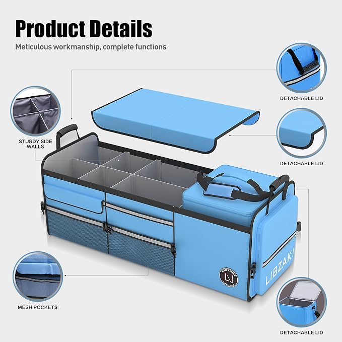 LIBZAKI Oversize 4 in 1 Car Trunk Storage Organizer, Multi Compartment Collapsible Trunk Storage Box with Cooler Bag for Car Truck SUV-Light Blue - Image 4