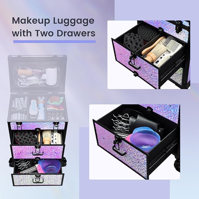 Professional Rolling Makeup Train Case with Drawers, Large Cosmetic Trolley with Locks, Cosmetics Storage Organizer Make up Case for Travel Makeup/Nail Art/Hair Styling, Shiny Pink - Image 4