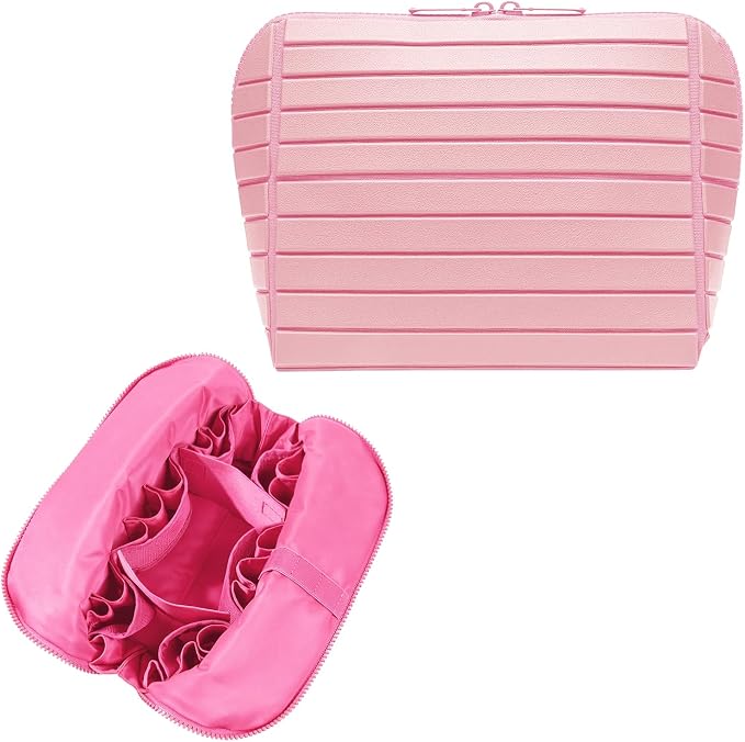 Travel Makeup Organizer Bag with Fold-Down Design and Adjustable Dividers, 27 Pockets & 3 Brush Storage Holders, Large Capacity Cosmetic Bags Toiletry Case - Pink by Unknown