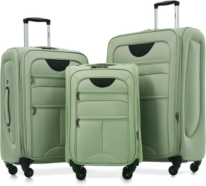 Merax Softside Luggage Set Softshell Lightweight 3 Piece Spinner Suitcase | Travel Suitase with TSA Lock Spinner Wheels Lightweight Upright Luggage,Light Green by Merax