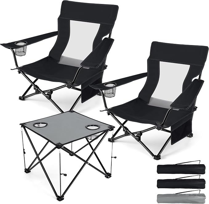 HaSteeL Folding Beach Chair Set of 3, Foldable Black Camping Chairs & Grey Table for Outside, Low Beach Chair Portable for Adults Fishing, Picnic, Outdoor BBQ, Cup Holder & Storage Bag by HaSteeL