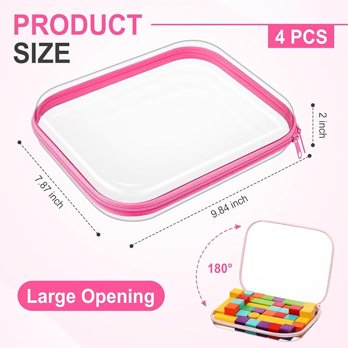Hoolerry 4 Pcs Hard Clear Zipper Case Makeup Bags Plastic Zipper Pouch Transparent Storage Box Containers for Cosmetics, Snacks, Building Blocks, Puzzles(Clear,9.8 x 7.9 x 2 in,Pink) - Image 2