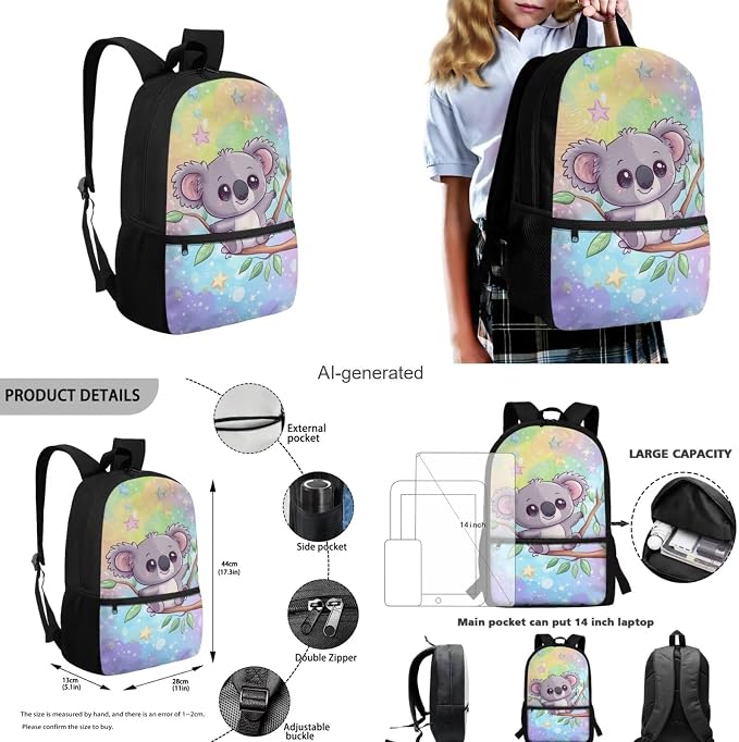 Cute Koala Backpack for Girls Kids Backpack with Lunch Box Water Bottle Carrier with Strap and Big Pencil Case 4PCS Set Bookbag with Front Pocket for School 17" Sturdy Elementary School Bag - Image 3