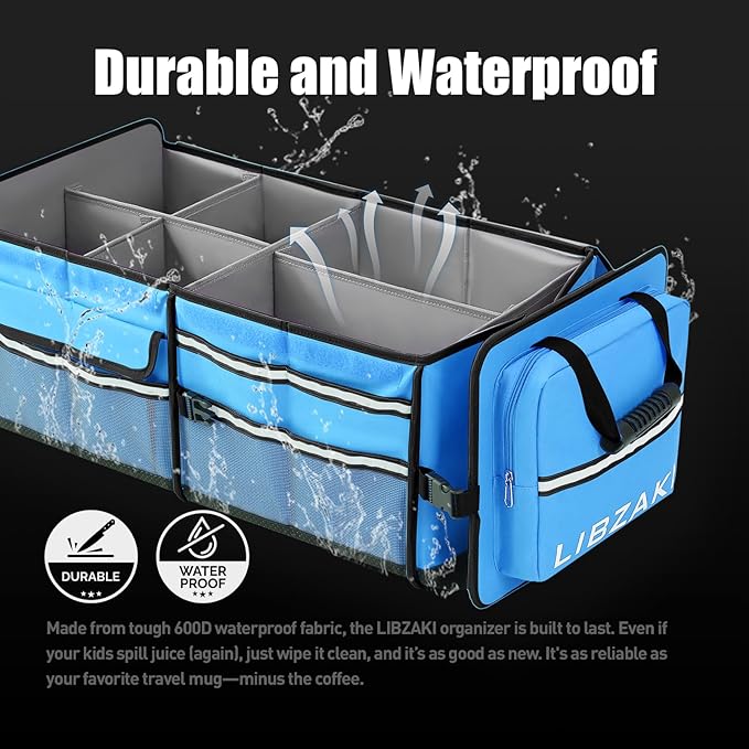 LIBZAKI Oversize 4 in 1 Car Trunk Storage Organizer, Multi Compartment Collapsible Trunk Storage Box with Cooler Bag for Car Truck SUV-Light Blue - Image 2