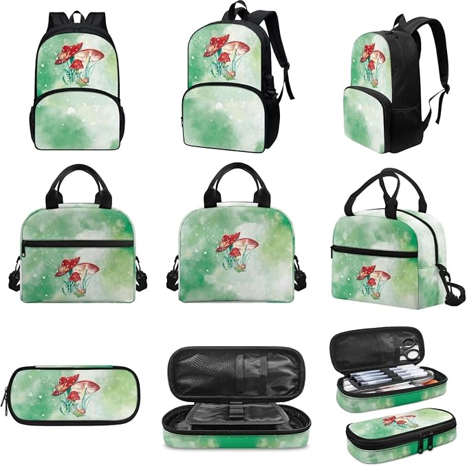 Green Mushroom Backpack with Lunch Box and Pencil Case Girls Comfy Padded Cute School Backpack Set of 3 Bookbag for Student Lightweight Large Capacity Daypack - Image 3