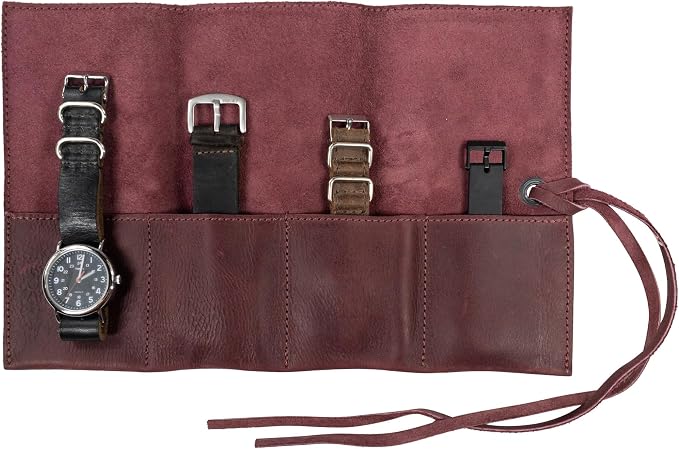 Hide & Drink, Leather Watch Roll Organizer Handmade from Full Grain Leather, Holds Up to 4 Watches, Easy Carry On Watchlover Storage (Sangria) by HideDrink