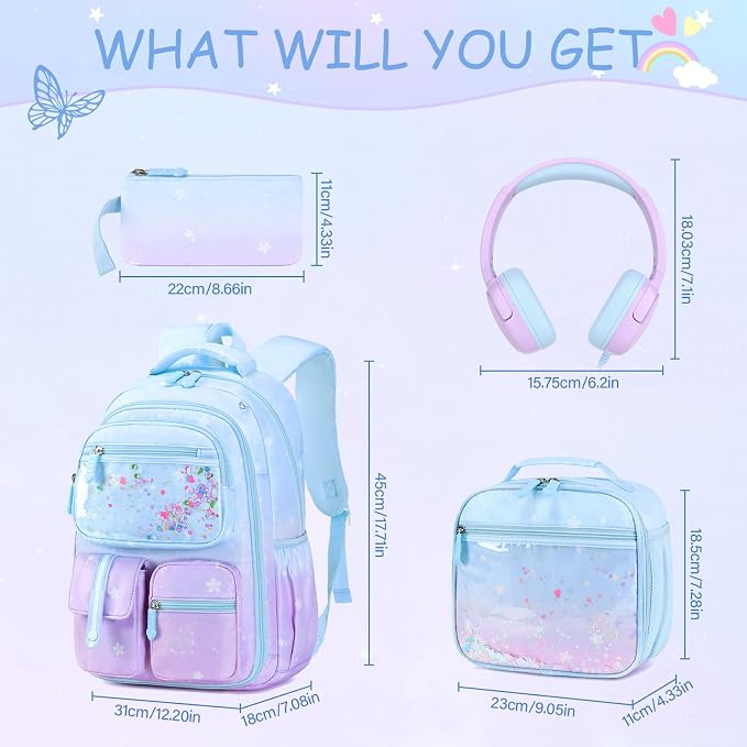 ACESAK Kids Backpack for Girls, Mermaid Backpack Set with Over-ear headphones, Lunch Bag Set for School, Girls Backpack for Elementary Middle school Teen Student(Blue Purple) - Image 2
