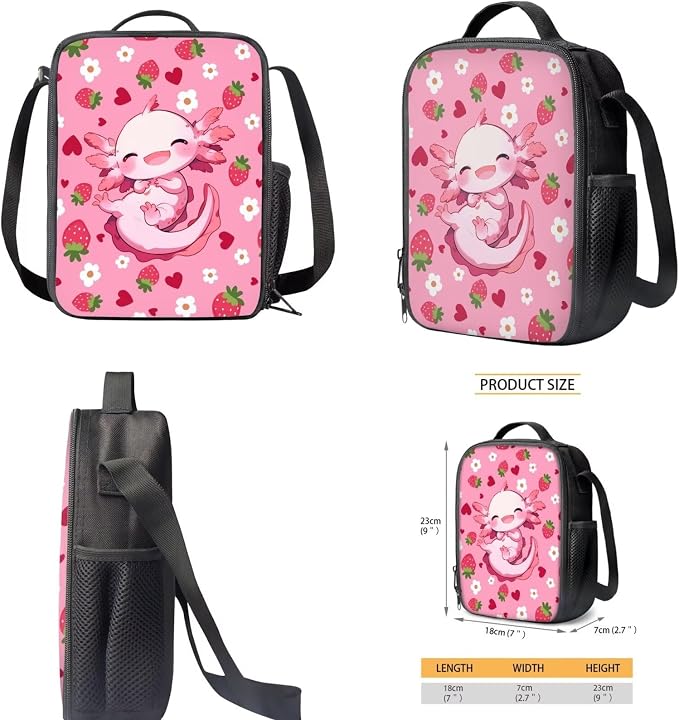Axolotl Backpack for School Girls 3rd Grade Preppy with Lunch Box Strawberry Bookbag and Lunch Bag Set 17in Elementary Schoolbag Lunch Bag Pencil Case Water Bottle Holder 4 in 1 Back Pack - Image 5