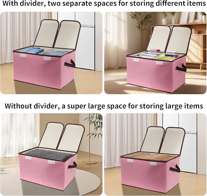 Foldable Fabric Storage Box with Double-Lid & Dividers, Large Organizer for Home, Closet, Office (Pink, 2 Packs) - Image 5
