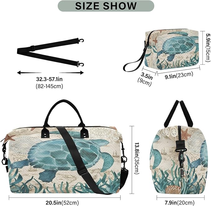 Weekender Bags Travel Duffel Gym Bag Carry on Overnight Tote Bag with Toiletry Bag for Airplane Travel Trip Gym Yoga (Sea Lives Turtle Coral) - Image 3