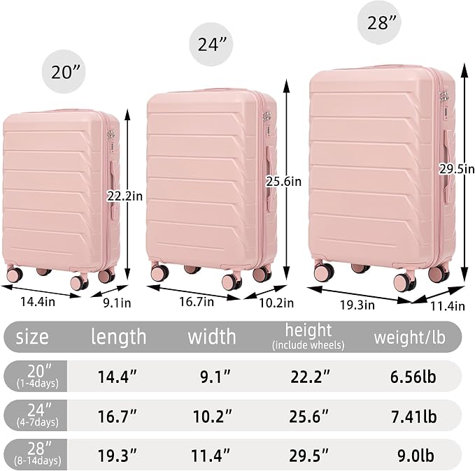 Hardside Luggage Sets, Lightweight Stripes Suitcase with Spinner Wheels, Pink-220 - Image 8