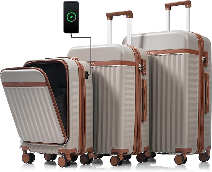 Hardshell Luggage, Lightweight Suitcase with Spinner Wheels, KHAKI+USB by Merax