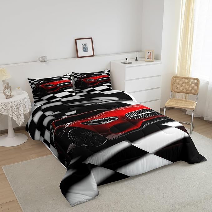 Erosebridal Teen Race Car Comforter Set For Boys King Size Extreme Sports Car Bedding Set,Black White Checkered Grid Comforter Retro Red Cool Vehicle Automobile Quilt Duvet 2 Pillow Cases - Image 3