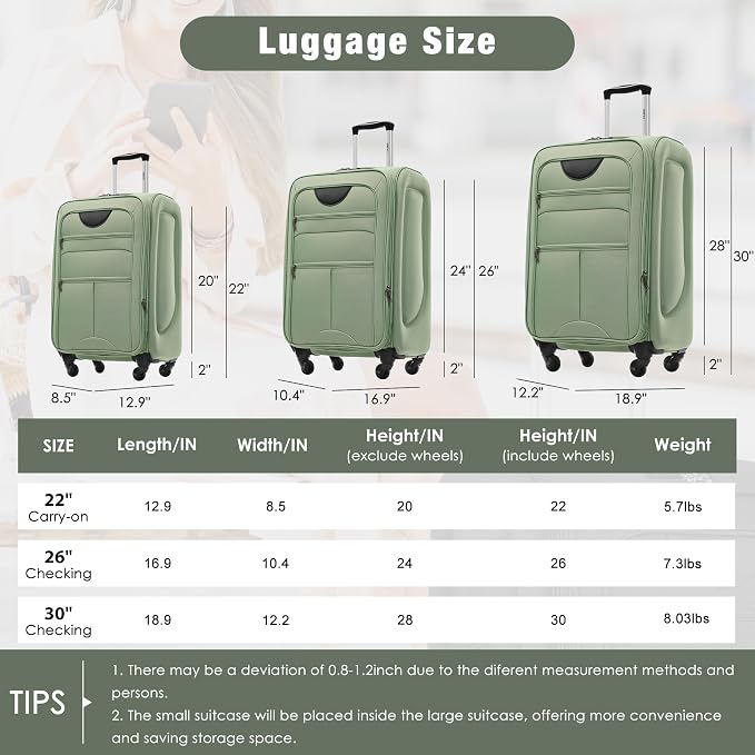 Merax Softside Luggage Set Softshell Lightweight 3 Piece Spinner Suitcase | Travel Suitase with TSA Lock Spinner Wheels Lightweight Upright Luggage,Light Green - Image 3