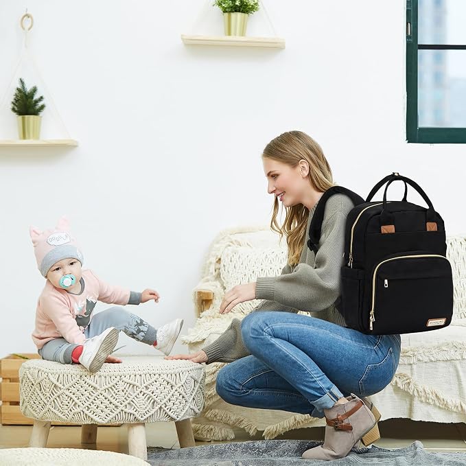 RUVALINO Diaper Bag Backpack, Multifunction Travel Pack Maternity Baby Changing Bags, Large Capacity, Waterproof, Deep Black, Polyester - Image 8