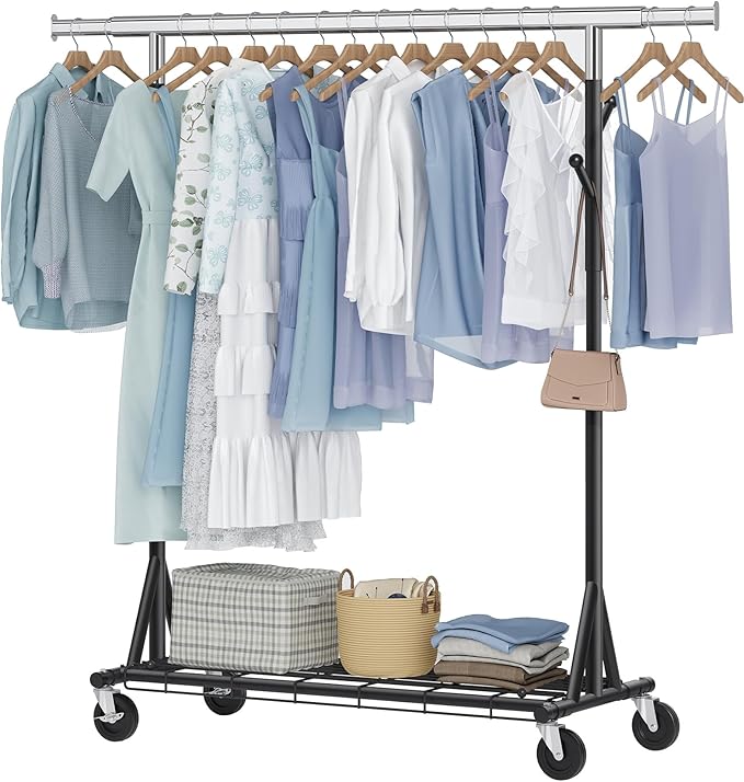 Hoctieon 1-Minute Assembly Clothes Rack, 480 lbs Heavy Duty Rolling Clothing Racks with Wheels, Foldable Garment Rack, Extendable Hanging Bar, Adjustable Metal Pole with Hooks, Black by Hoctieon