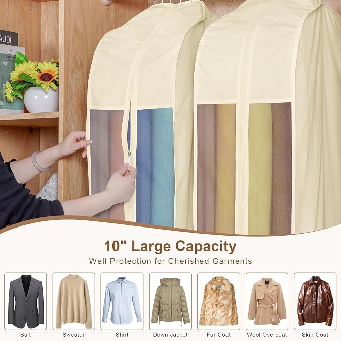 43" Premium Cotton Garment Bag for Hanging Clothes, Breathable Suit Bags for Closet Storage with Extre Large 10" Gusseted & Clear Window, Dust Cover with Zipper for Suits, 3 Pack, Beige - Image 5