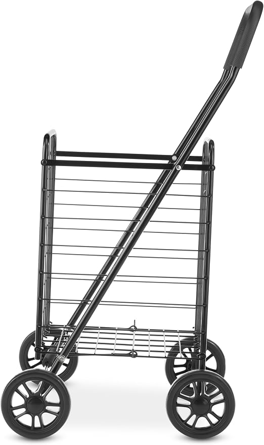 Whitmor Foldable Utility Shopping Cart with Wheels, Heavy Duty Metal Grocery Cart, Portable Foam Handle, Rolling Collapsible Trolley for Groceries, Laundry, Storage, Black - Image 5