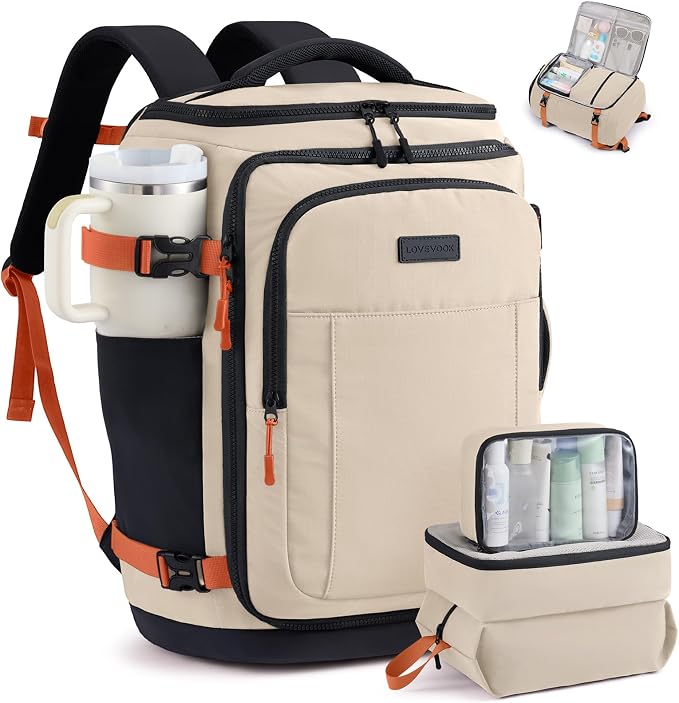 LOVEVOOK Travel Backpack for Women & Men, 40L TSA Approved Carry On Backpack with 3 Packing Cubes, Waterproof Weekender Overnight Bag, Business Travel Essentials, Beige-Black-Orange by LOVEVOOK