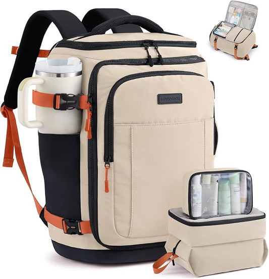 LOVEVOOK Travel Backpack for Women & Men, 40L TSA Approved Carry On Backpack with 3 Packing Cubes, Waterproof Weekender Overnight Bag, Business Travel Essentials, Beige-Black-Orange by LOVEVOOK