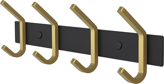 Coat Rack Wall Mount – Black and Gold Hook Rail with 4 Double Coat Hooks, 12 Inch Stainless Steel Wall Hooks for Entryway, Bathroom, Bedroom, Closet, Towel, Hat, Bag, Heavy Duty Organizer by SAYONEYES