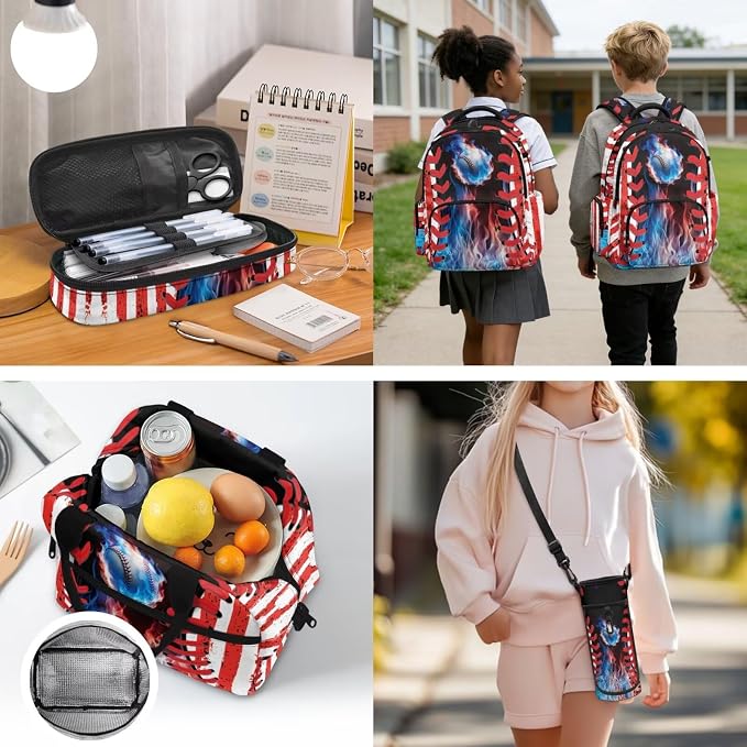 Baseball Backpack 4 Pieces American Flag School Backpack with Lunch Bag Handbag Pencil Case Water Bottle Sling Bag Elementary Middle Rucksack Travel Bookbag - Image 7