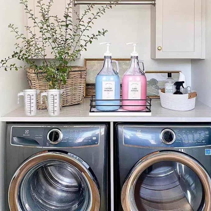 2 Pcs Glass Liquid Laundry Detergent Dispenser, Half Gallon Dispenser for Laundry Room (64 oz. Each), Laundry Detergent Bottles with Pump Dispenser -Includes Labels, Measuring Cups,Wooden Stand - Image 7