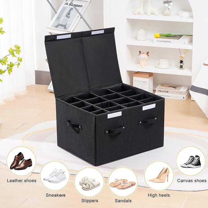 Shoe Organizer for Closet, Foldable Shoe Storage Box with Adjustable Dividers, Large Space Saving Shoe Storage Container Fits up to 16 Pairs with Reinforced Handles (Black) - Image 5