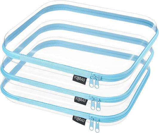 YQBRAO 3-Pack Large Clear Hard Shell Zipper Case, 1.2mm Rigid Toy & Cosmetic Bags, Heavy-Duty Diaper Bag Pouch Set with YKK Zippers, Waterproof Travel & Makeup Storage (Blue) by Unknown