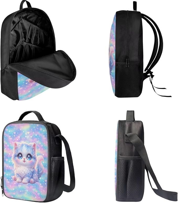 Forchrinse Cartoon Cat School Backpack for Girls 10-12 with Lunch Box Pencil Case Kids Bookbag Lunchbox Elementary Student Book Bag for Girls 8-10/6-8 - Image 5