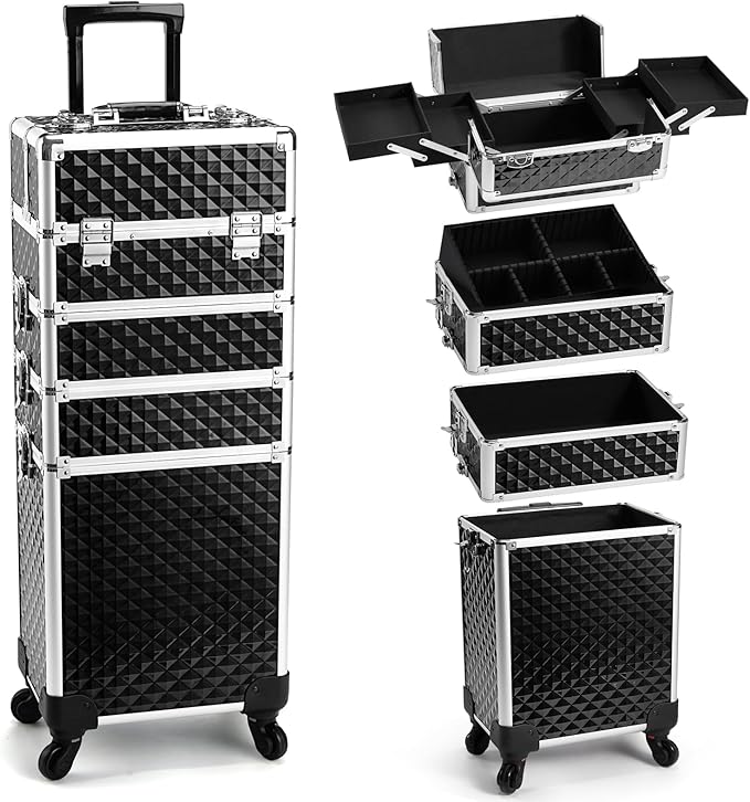 Yueieoun Rolling Makeup Train Case, 4-in-1 Cosmetology Case on Wheels, Nail Tech Cart for Travel, Professional Cosmetic Vanity Case, Suitcase for MUA/Manicure/Tattoo/Style, Lockable Storage Box, Black by Yueieoun
