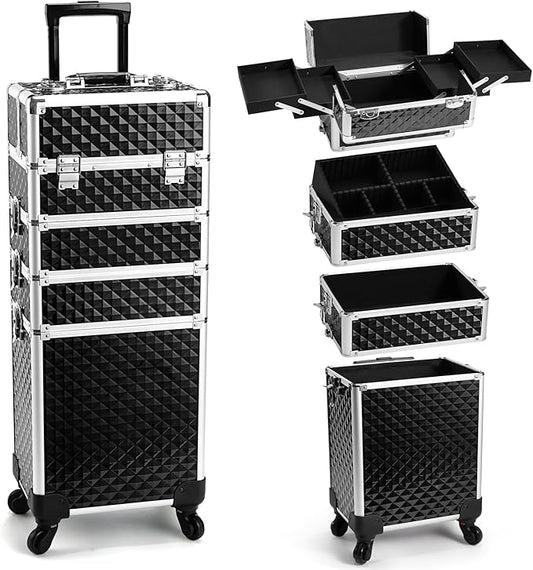 Yueieoun Rolling Makeup Train Case, 4-in-1 Cosmetology Case on Wheels, Nail Tech Cart for Travel, Professional Cosmetic Vanity Case, Suitcase for MUA/Manicure/Tattoo/Style, Lockable Storage Box, Black by Yueieoun
