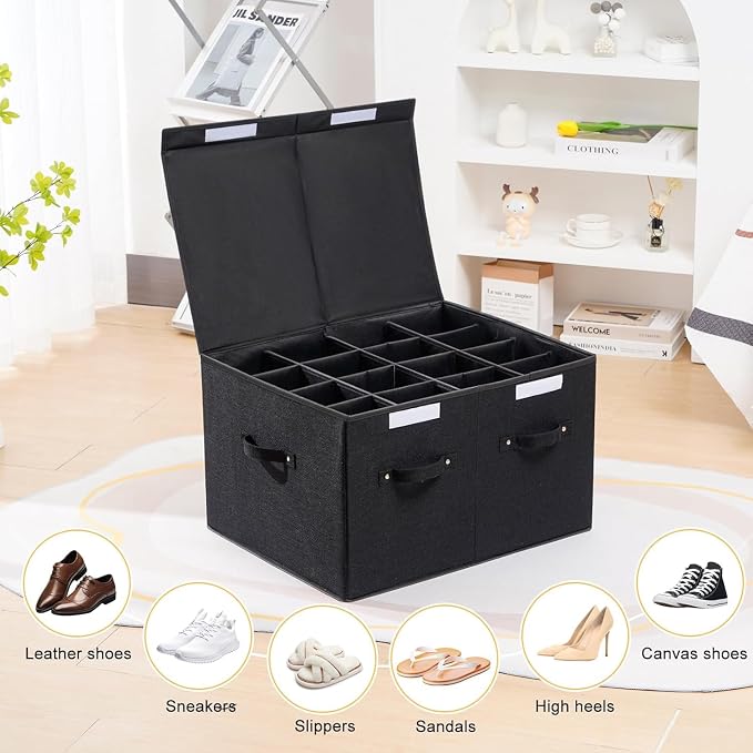 2 Pack Shoe Organizer for Closet, Foldable Shoe Storage Box with Adjustable Dividers, Large Space Saving Shoe Storage Container Fits up to 16 Pairs with Reinforced Handles (Black) - Image 6